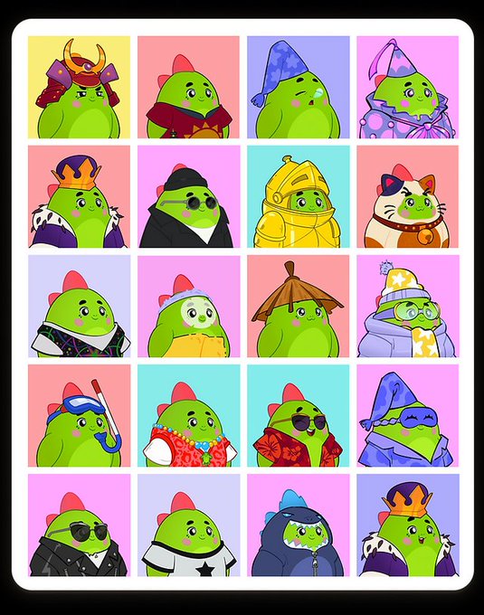 A grid of 20 cartoon green avocado-like characters in various costumes (samurai, wizard, knight, cat, scuba diver, hooded figures, etc.) on colorful pastel backgrounds.