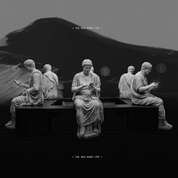 A black-and-white digital collage shows classical Greco-Roman statues seated on a bench, each absorbed in their smartphones, with cryptocurrency icons (Bitcoin, Ethereum, Solana, and others) floating above them and the text "THE NEW MONEY APP" displayed at the top and bottom. The juxtaposition of ancient statues adopting modern crypto trading behavior humorously illustrates the post's message—"Even the classics agree"—by suggesting that timeless wisdom now endorses the new digital economy.