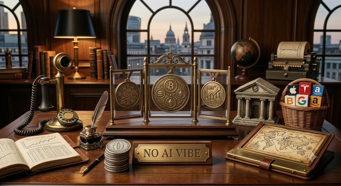 A stylized desk scene featuring various objects including a scale with Bitcoin coins, a 'NO AI VIBE' plaque, a ledger, a quill, and a basket containing logos for Apple, Google, and Amazon, set against a window overlooking a city.