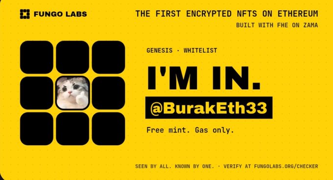 A yellow Fungo Labs promotional card for encrypted NFTs on Ethereum built with FHE on Zaha, featuring a cat image in a grid, the text 'GENESIS · WHITELIST', 'I'M IN.', '@BurakEth33', and 'Free mint. Gas only.'