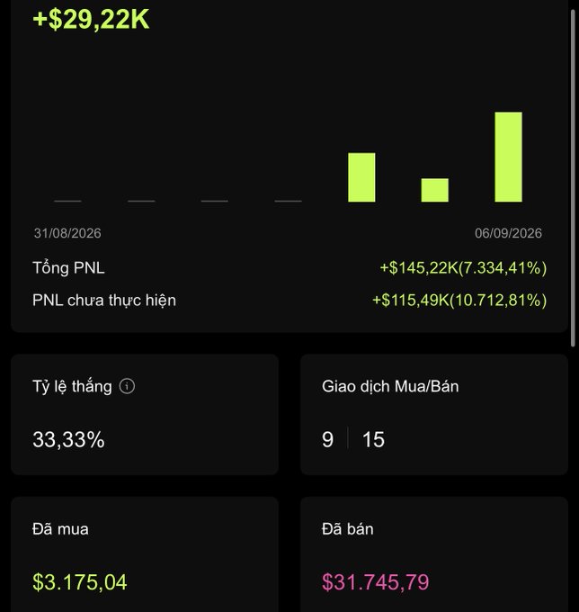A trading dashboard displays a profit of +$29.22K with a bar chart showing gains between 31/08/2026 and 06/09/2026, including metrics for Tổng PNL (+$145,22K), win rate (33,33%), 9 buy/15 sell trades, Đã mua ($3,175.04), and Đã bán ($31,745.79).