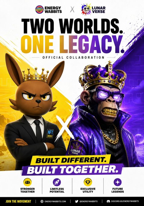 The image features two cartoon characters, a brown rabbit wearing a crown and a purple monkey with sunglasses, standing next to each other against a white background. They are both dressed in suits and ties, suggesting they might be from a professional or corporate setting. The text on the poster reads "Two worlds. One legacy." and "Built different. Built together." This phrase is repeated multiple times throughout the image, emphasizing the idea of uniqueness and collaboration between two distinct entities.