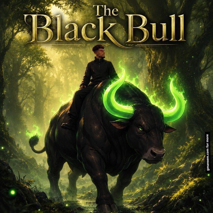 A fantasy book or game cover titled 'The Black Bull' depicting a young man in dark clothing riding a massive black bull with glowing green flaming horns and green eyes through a misty, enchanted forest.