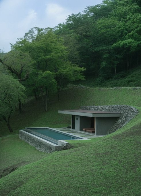 A modern concrete house with a swimming pool nestled into a lush green hillside surrounded by dense forest.