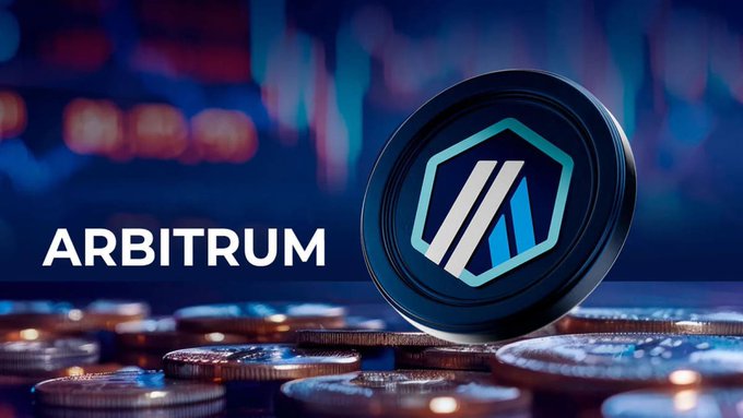 A dark, atmospheric graphic featuring the 'ARBITRUM' name and logo above stacked coins against a blurred background of trading screens.