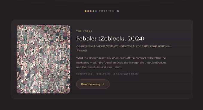 A webpage section for an essay titled 'Pebbles (Zeblocks, 2024)', subtitled 'A Collection Essay on NextGen Collection I, with Supporting Technical Records', marked as Version 0.4 from 2026-03-26.