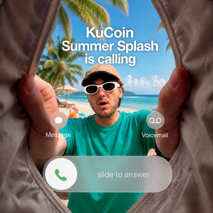 A person holds open a jacket or blanket to reveal a tropical beach scene, with text reading "KuCoin Summer Splash is calling" styled like an iPhone incoming call screen complete with "slide to answer" and "Message"/"Voicemail" options. The creative visual ties directly to the post's message, framing the KuCoin Summer Splash event as an irresistible call that must be answered immediately.