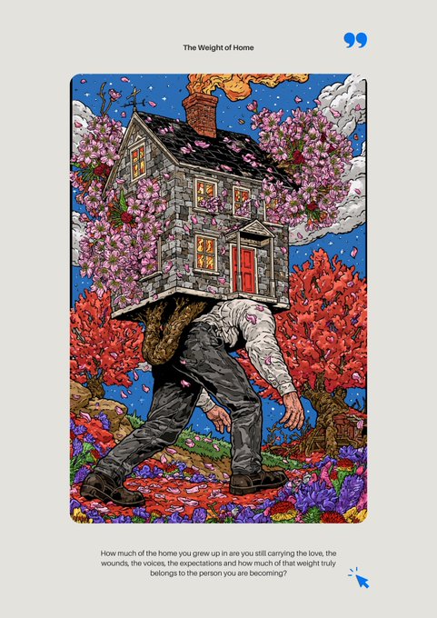 An illustrated tarot-style card titled "The Weight of Home" depicts a hunched figure carrying a small house with a smoking chimney through a landscape of pink cherry blossoms.
