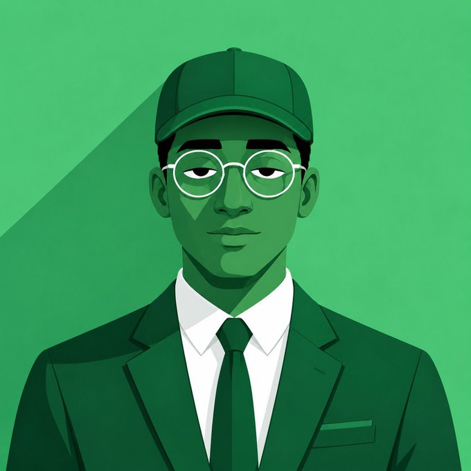 A flat-style digital illustration of a young man wearing a green cap, round glasses, white shirt, green tie, and green blazer against a matching green background.
