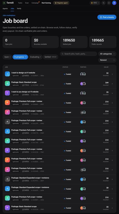 A screenshot of the TermX 'Job board' interface showing '189650 Settled jobs' and a list of funded job postings like 'I want to design an X website' and 'Package: Premium Full scope + review'.
