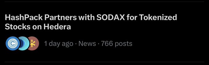 A news post titled 'HashPack Partners with SODAX for Tokenized Stocks on Hedera' from the Hedera community, posted 1 day ago with 766 posts.