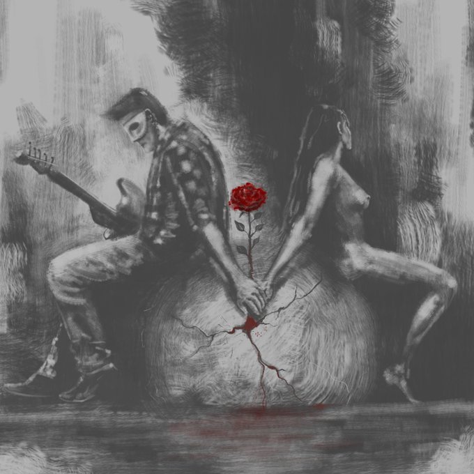 A dark, monochromatic illustration depicting a masked man playing guitar and a nude woman sitting back-to-back on a cracked rock, holding a red rose with blood dripping from its thorned stem.