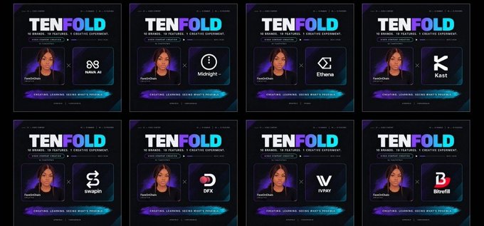 A grid of promotional graphics titled 'TENFOLD' for 'FaceXChain,' pairing a woman's portrait with various brand logos including Midnight, Ethena, Kast, Snaps, DFX, IVPAY, and BlockX.