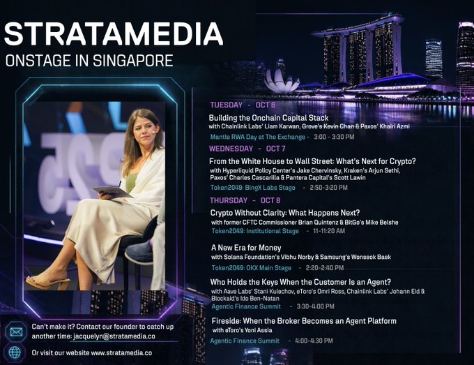 An event schedule for 'STRATAMEDIA ONSTAGE IN SINGAPORE' lists panels from Tuesday to Thursday, including topics like 'Building the Onchain Capital Stack' and 'Crypto Without Clarity' across various stages.