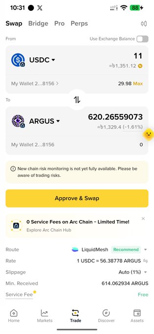 A mobile app screenshot of a cryptocurrency swap interface converting 11 USDC to approximately 620.27 ARGUS tokens using the LiquidMesh route.