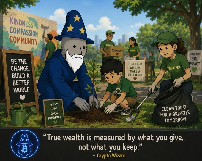 A cartoon illustration of a wizard and volunteers planting a tree and cleaning up, with signs reading 'KINDNESS COMPASSION COMMUNITY,' 'BE THE CHANGE. BUILD A BETTER WORLD,' and 'PLANT HOPE. GROW TOMORROW,' alongside a quote: 'True wealth is measured by what you give, not what you keep.' – Crypto Wizard.