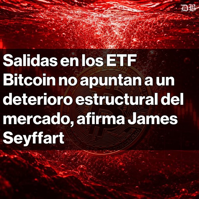 The image shows an advertisement for Bitcoin with a text overlay in Spanish that reads "Salidas en losETF Bittcon no acabamos a un deterioróstimo structurald del mercado. A pesar de más de USD 9,000 millones en retiradas, los ETF de Bitcoin aún tienen entradas netas de más". This quote seems to be promoting the idea of investing in Bitcoin as a means to avoid financial crises or losses due to its current market status. The advertisement is positioned below an image of a floating coin that suggests an element of cryptocurrency.