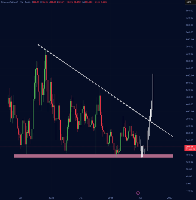 Bitcoin/TetherUS (BTC/USDT) weekly candlestick chart on TradingView showing price action near $205.69 with a descending trendline drawn across the chart from late 2024 through 2026.