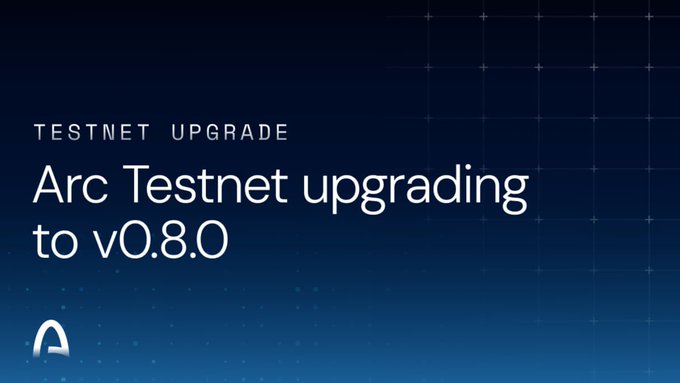 A blue graphic with a grid pattern announcing 'TESTNET UPGRADE' and 'Arc Testnet upgrading to v0.8.0', featuring the Arc logo in the bottom left.
