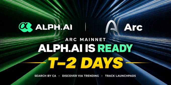 A promotional graphic announcing 'ALPH.AI IS READY' on 'ARC MAINNET' in 'T-2 DAYS', featuring logos for ALPH.AI and Arc.