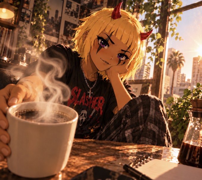 An anime-style illustration of a blonde character with red horns wearing a 'SLASHER' shirt, holding a steaming cup of coffee at a sunlit table.