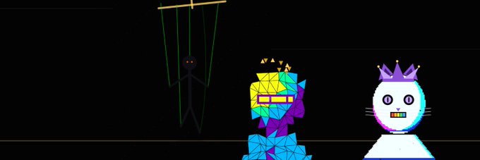 Three stylized characters appear on a black background: a thin dark figure with glowing eyes, a colorful geometric rainbow lion with a crown, and a white cat-like creature wearing a crown.