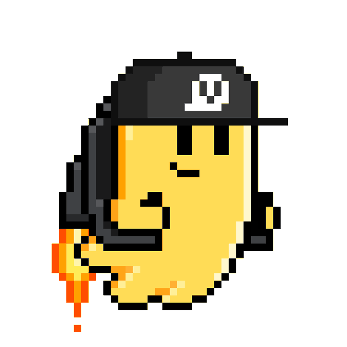 Pixel art image of a smiling yellow character wearing a black baseball cap with a white skull-like logo and a backpack with a dripping orange flame effect.