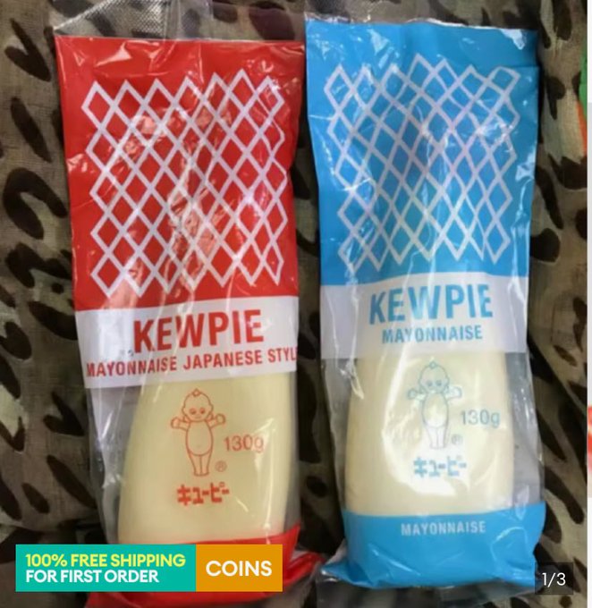 Two pouches of Kewpie Mayonnaise (130g) sit side by side, one in a red 'Japanese Style' package and the other in a blue classic package, with a '100% FREE SHIPPING FOR FIRST ORDER COINS' banner.