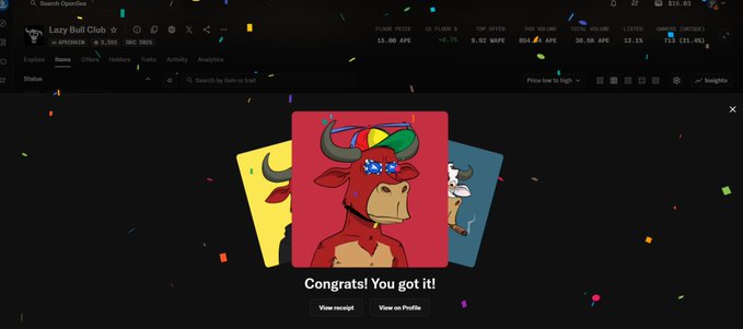 A Gate.io interface showing an NFT win notification with confetti animation, displaying 'Congrats! You got it!' alongside a cartoon bull wearing sunglasses NFT card from the Lazy Bull Club collection.