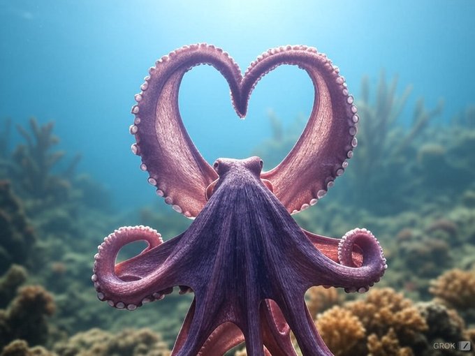 The image features a large octopus with its tentacles spread out, giving an impression of a heart shape. The background shows a coral reef underwater, which complements the overall theme of the photo. The caption "Kraken gets it" is related to the image and could be interpreted as a message or a reference to the octopus' unique appearance.