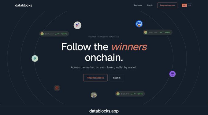 A dark-themed landing page for datablocks featuring the tagline 'Follow the winners onchain' with the subtext 'Across the market, on each token, wallet by wallet' and 'Onchain Behaviour Analytics', including a 'Request access' button and showing profit percentages for traders.
