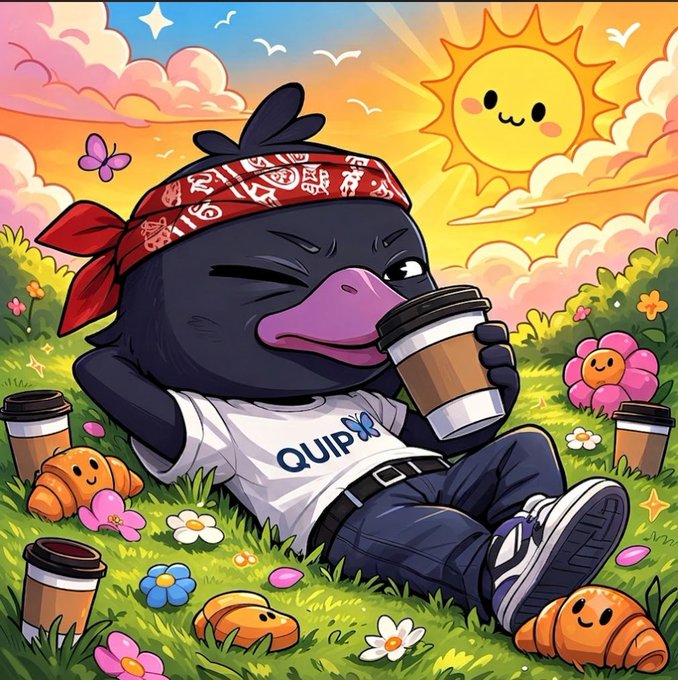 A cartoon illustration of a black duck wearing a red bandana and a "QUIP" t-shirt, relaxing in a grassy field with coffee cups and pastries around it under a smiling sun.