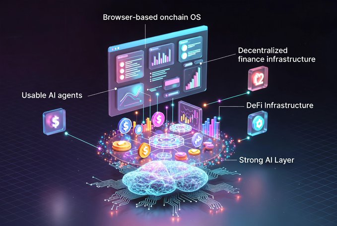 The image features an infographic that explains the concept of a full stack strong infrastructure, which includes a browser based onchain OS (blockchain), a browser based onchain wallet, and a browser based onchain mining platform. It also highlights the importance of community tasks and rewards in creating a practical and efficient system. The post mentions that @TheARCTERMINAL is making it practical with their browser based onchain OS and ARC rewards, which are represented by various icons scattered throughout the image.