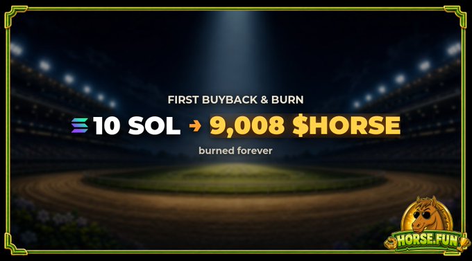 A promotional graphic with a baseball stadium backdrop reads 'FIRST BUYBACK & BURN' showing 10 SOL being converted to 9,008 $HORSE tokens 'burned forever,' with the Horse.Fun logo in the corner.