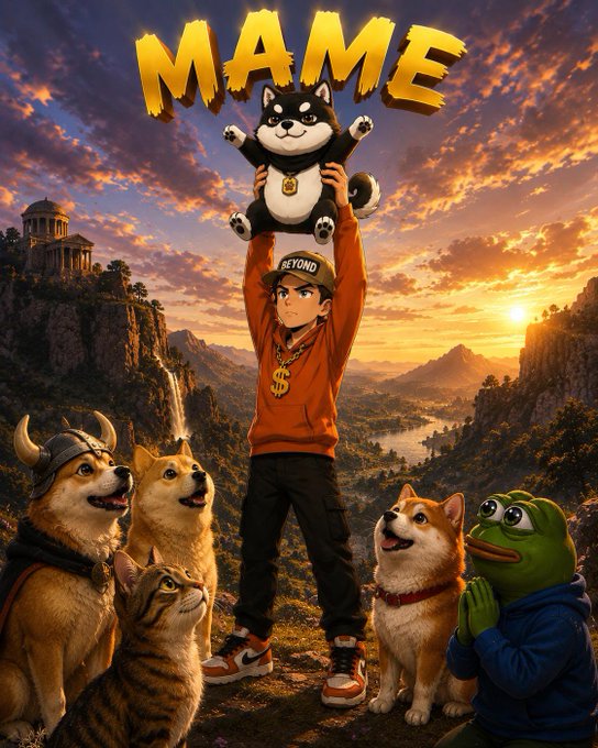 The image features a cartoon boy holding up a stuffed animal, surrounded by five dogs of various colors including brown, black, white, and red. The background depicts a sunset over mountains with clouds, creating an artistic and visually appealing scene. The caption on the image reads "$MAME is coming to bring back meme culture", suggesting that the post is related to the popular meme culture phenomenon.
