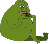 A cartoon illustration of the 'Pepe the Frog' meme character sitting with crossed arms and a contemplative expression.