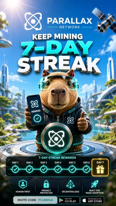 A promotional poster for 'PARALLAX NETWORK' featuring a capybara wearing headphones and holding a phone, advertising a 'KEEP MINING 7-DAY STREAK' program with a 7-day reward tracker and an invite code '7CC8B164'.