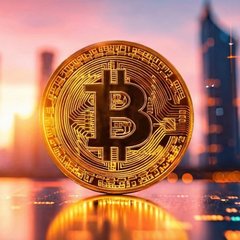 A physical Bitcoin token rests on a reflective surface against a sunlit city skyline, visually echoing the article's discussion of Bitcoin's price near the low $60Ks. The image reinforces the "bear market" theme, with the iconic "₿" symbol and blockchain-inspired design symbolizing the cryptocurrency VanEck references as potentially bottoming out.