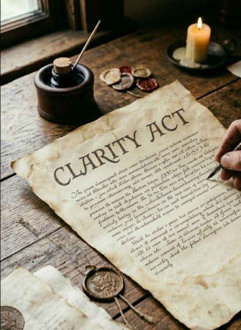 An aged parchment document titled "CLARITY ACT" lies on a wooden table beside an inkwell, coins, and a lit candle, evoking a sense of regulatory formality and historical importance. The image visually represents the formal legal framework referenced in the post, which notes that the CLARITY Act and recent SEC/CFTC designations already provide regulatory clarity for XRP and other listed digital commodities.