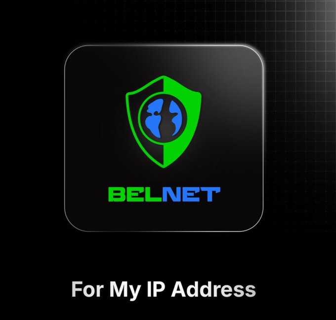 A logo for 'BELNET' featuring a green shield with a blue globe inside, with the tagline 'For My IP Address' on a dark background.