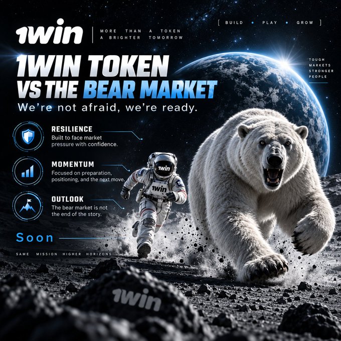 A promotional graphic for the 1WIN token, featuring an astronaut and a polar bear on the moon, with text declaring "1WIN TOKEN VS THE BEAR MARKET" and "We're not afraid, we're ready."