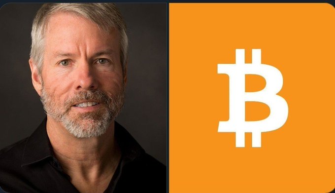 A split image showing a portrait of MicroStrategy's Michael Saylor on the left and the orange Bitcoin logo on the right.