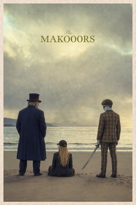 A movie poster titled 'The MAKOOORS' showing three characters viewed from behind on a beach: a tall figure in a top hat and blue coat, a smaller blonde figure sitting on the sand, and a figure in a plaid suit holding a sword, under a cloudy sky.