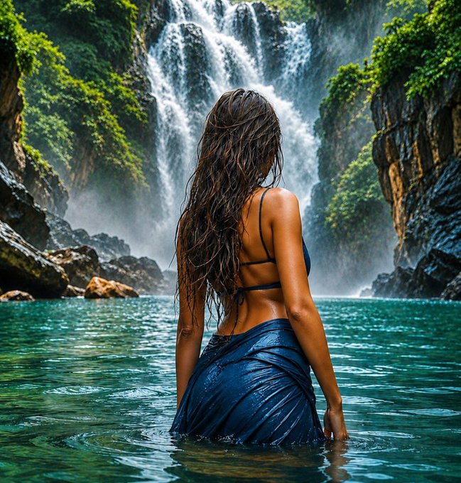 A digital artwork showing a woman with long wet dark hair in a blue bikini top and sarong standing in turquoise water, facing a cascading waterfall surrounded by lush green cliffs.