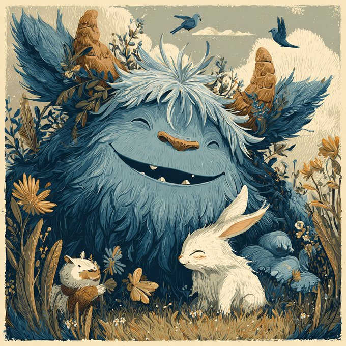 The image features a blue monster with horns, surrounded by flowers and birds. A white rabbit is also present in the scene, sitting next to the monster. The background includes a sky filled with clouds and trees. The caption of the image reads "GM!! NEW DROP!! Follow the adventures of DIDOO and his best friend Lapinou, the white rabbit!... Didoo in the sun OE -> 1xtz objkt.com/tokens/KT1J2aZ #tezosart #NFTCommunity #digitalillustration". The image seems to be a part of a larger collection or series related to the post.
