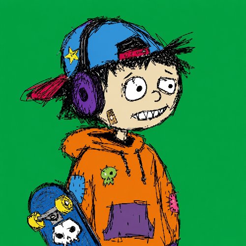 A colorful digital illustration depicts a quirky character wearing a backward blue cap, purple headphones, and an orange hoodie with patches, while holding a blue skateboard.