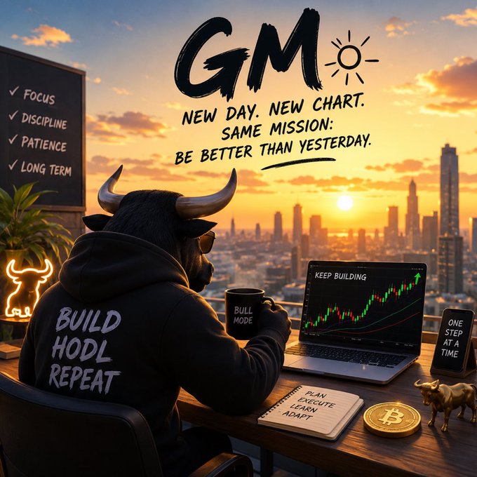 Crypto-themed motivational graphic showing a bull-headed figure wearing a 'BUILD HODL REPEAT' hoodie, with a laptop showing a 'KEEP BUILDING' chart, a checklist (Focus, Discipline, Patience, Long Term), and the message 'GM ☀️ NEW DAY. NEW CHART. SAME MISSION: BE BETTER THAN YESTERDAY.'