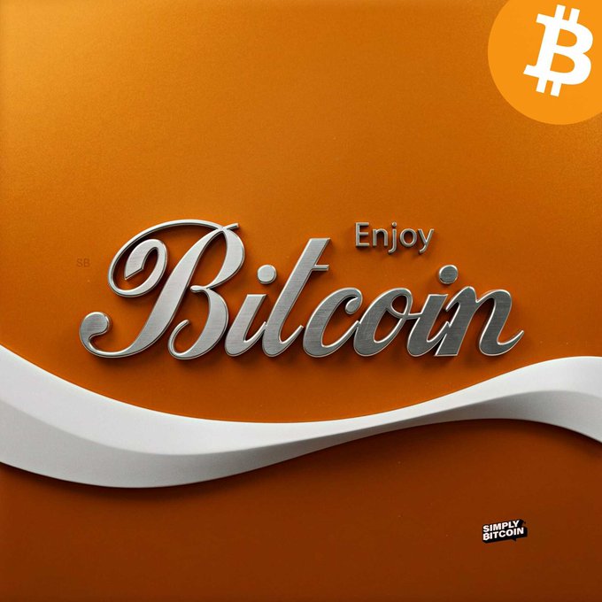 The image features a large, orange background with the words "Enjoy Bitcoin" written in white cursive font at the top of the frame. Below these words, there's a small logo for Coca Cola that reads "simply bit". The overall design is simple and clean, with the text and logo placed prominently on the image to draw attention to the post about Bitcoin.