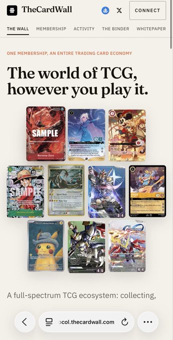 A mobile screenshot of TheCardWall website advertising 'The world of TCG, however you play it,' showcasing various trading card samples including Pokemon, One Piece, and Lorcana cards.