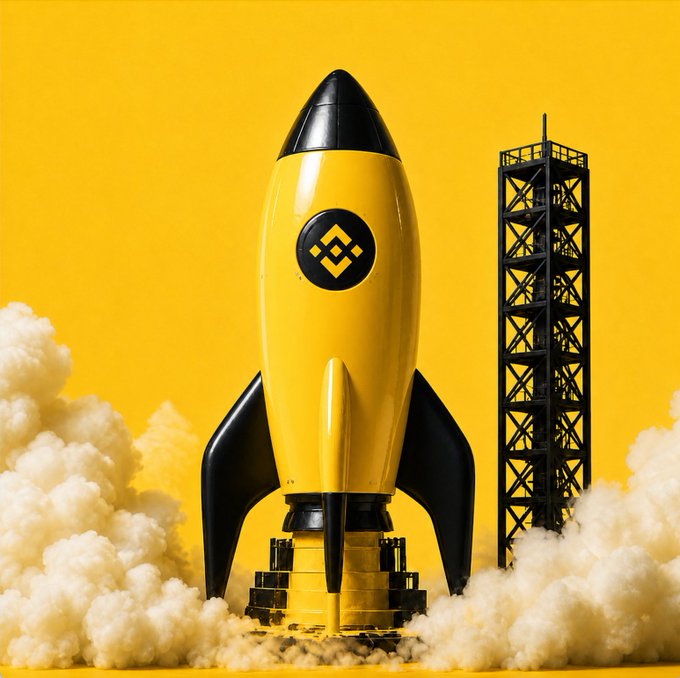 A yellow and black rocket emblazoned with the Binance (BNB) logo blasts off from a launch tower amid billowing smoke, symbolizing the post's caption "GM点火、升空，去更高的地方！" ("GM ignition, liftoff, to higher places!")—a bullish metaphor for Binance soaring to new heights.